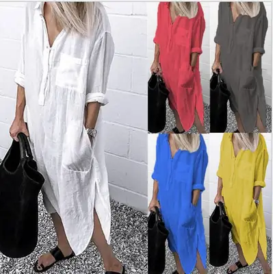 2022 Summer Slit Dress Pure Color Long Shirt Dress