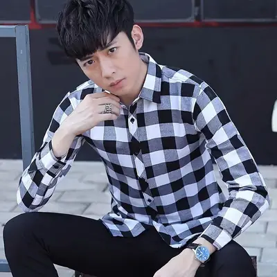 Men's Black White Plaid Long Sleeve Shirt