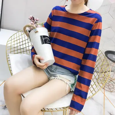 Women Korean Striped Long Sleeve T-Shirt Loose Pullover