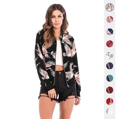 Red Floral Long Sleeve Zipper Jacket for Women