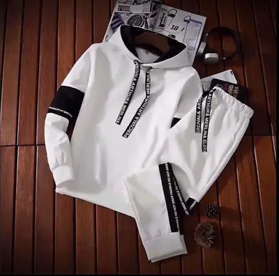 Men White Hooded Sweatshirt Set with Black Stripes