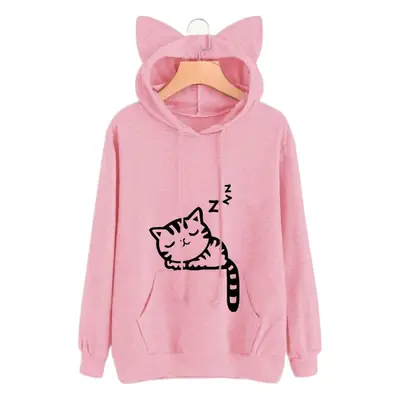 Pink Fleece Hoodie with Cat Print for Girls