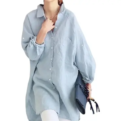 Women Linen Long Sleeve Shirt Light Blue Large