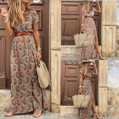 Women's 2023 V Neck Floral Dress Bohemian Style