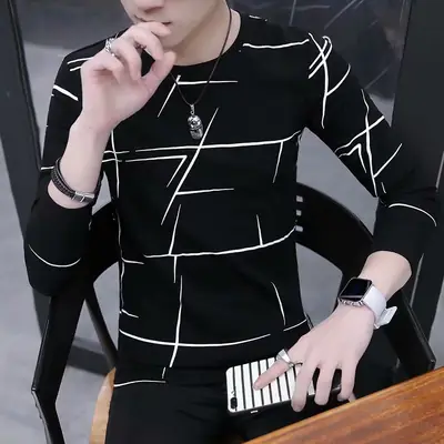 Men's Black White Grid Long Sleeve T-Shirt Slim Fit