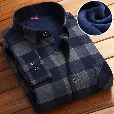 Men Fleece Lined Checkered Shirt Blue White Winter Warm