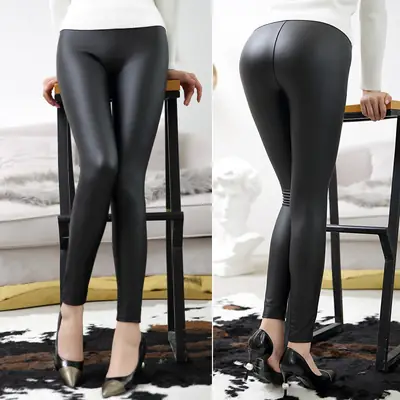 High Waist PU Leather Matte Pants Women Autumn Winter Fleece Lined Cropped