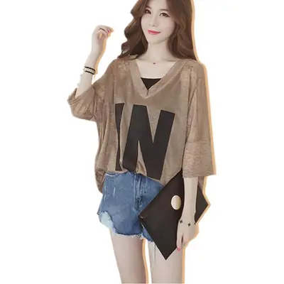 Plus Size Korean Style T-Shirt Set Brown Loose V-Neck