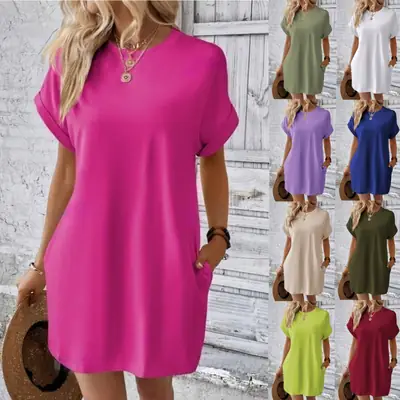 Pink Casual Crewneck Bat Sleeve Dress with Invisible Pocket