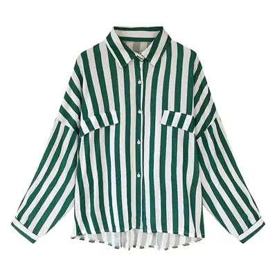 Green Striped Long Sleeve Women's Shirt Large