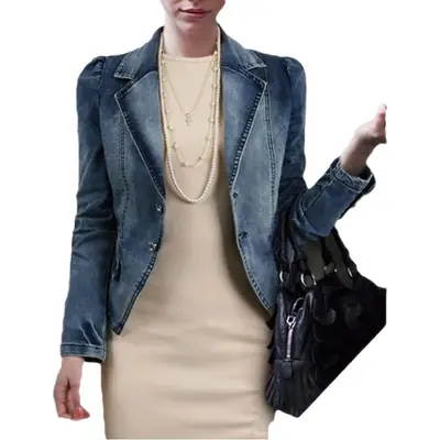 Women Denim Jacket Blue Slim Fit Long Sleeve Collar Coat