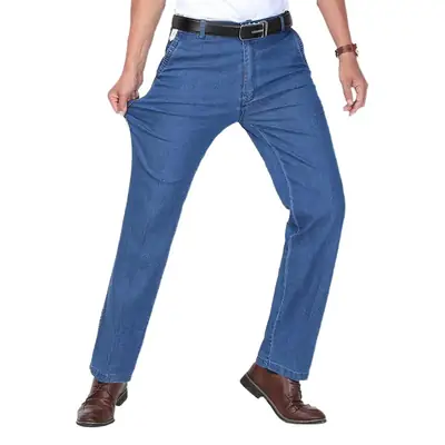 Men's Cross-Border Elastic Waist Jeans Blue Straight Fit