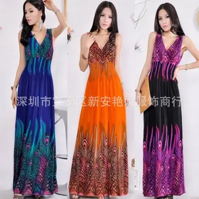 Peacock Flower Long Dress Purple Black V-Neck Large