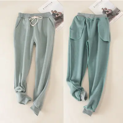 Women Fleece Lined Sweatpants Blue Loose Plus Size