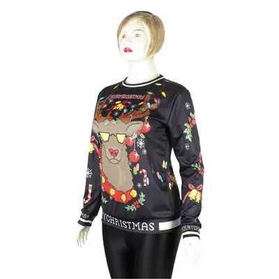2024 Christmas Reindeer Digital Print Pullover Sweater Black