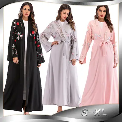 European Muslim Mesh Robe with Flower Embroidery S-XL