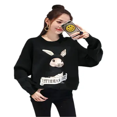 Women's Fleece Lined Sweatshirt Set Black Rabbit Print
