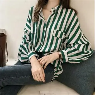 Women's Green Striped Long Sleeve Shirt for Plus Size