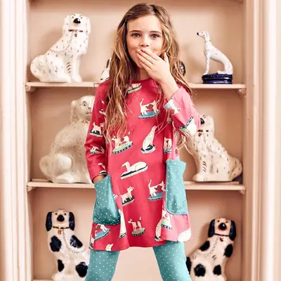 Girls Long Sleeve Printed Dress Red Blue Kids Autumn