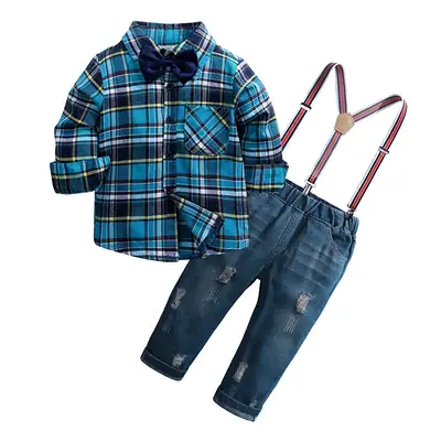 2025 Boys Plaid Shirt & Denim Pants Set