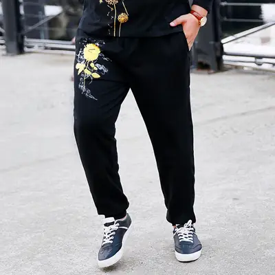 Men's Black Graphic Slim Fit Pants Plus Large