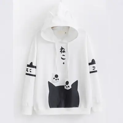 Women's White Cat Head Print Hoodie Long Sleeve Loose Fit