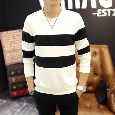 Men's 2018 Striped Long Sleeve T-Shirt Black White