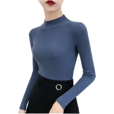 Women's White Knitted Mid-Collar Long Sleeve Shirt