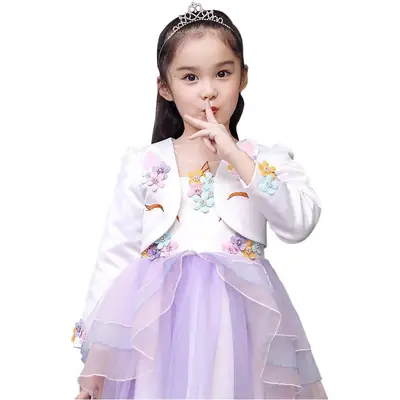 Girls Unicorn Embroidered Cardigan Dress White Purple
