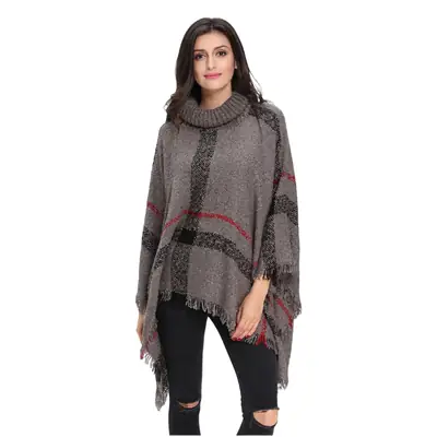 Women's Red Knit Shawl High Neck Tassel Cape Large