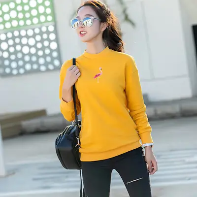 Women's Black Crewneck Sweatshirt with Embroidered Flamingo Design