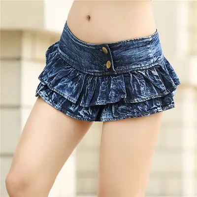Women's Blue Velvet Ruffled Miniskirt Ultra Low Waist