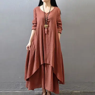 Black Linen Literary Dress Large Hem Loose Long Sleeve
