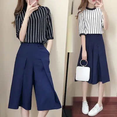 Women Wide Leg Pants Set Blue Striped Short Sleeve