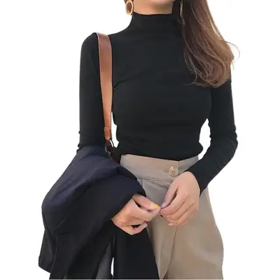 Black Slim Fit High Neck Long Sleeve T-Shirt for Women