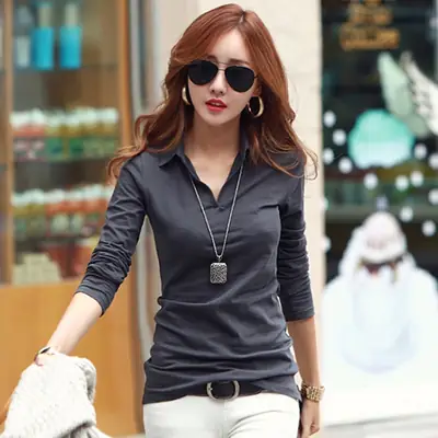 2025 Women's Korean Style Polo Shirt Slim Fit Long Sleeve