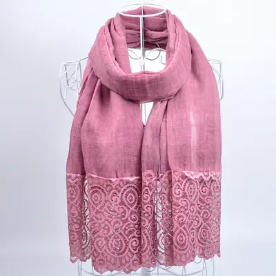 Pink Lace Embroidered Silk Scarf for Women