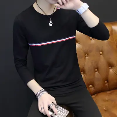 Men Korean Style Long Sleeve T-Shirt White Red Stripes