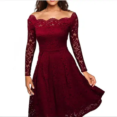 Maroon Lace One-Lined Evening Gown Large Hem