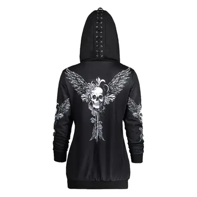 Black Skull Wings Hoodie with Lace-Up Back