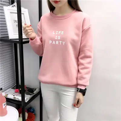 Women Korean Style Letter Print Fleece Sweatshirt Pink