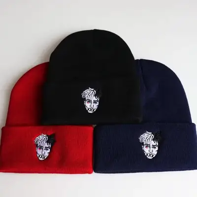 Red Embroidered Knitted Beanie for Men Winter Ski Hat