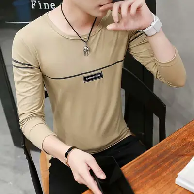 Men's Long Sleeve Slim Fit T-Shirt Tan Round Neck