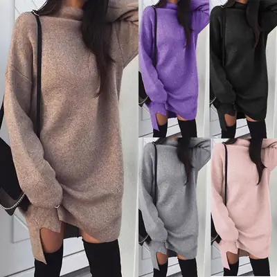 2023 Women's Black Knitted Long Sleeve Split Dress Large