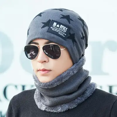 Men's Star Patterned Winter Beanie with Fleece Trim