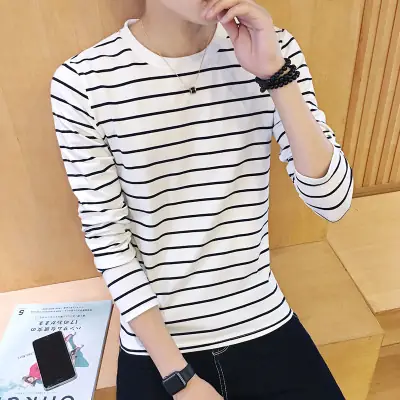 Men Striped Long Sleeve T-Shirt White Black Casual Wear