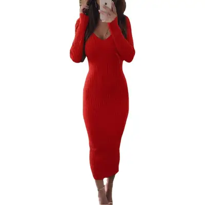 Women's Blue Long Sleeve V-Neck Dress Large
