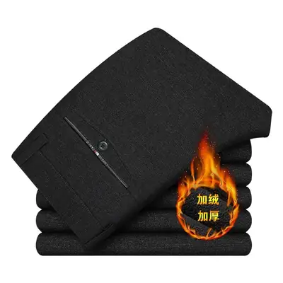 Men's Fleece Lined Dark Gray Pants Thickened Middle-aged Suit