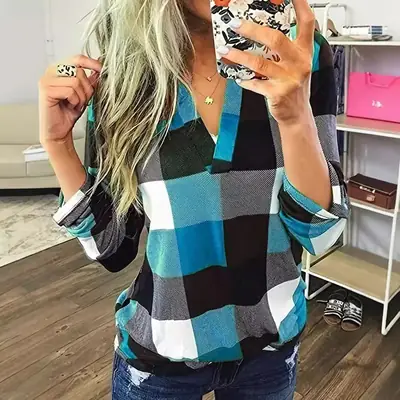 Plaid V-Collar Long Sleeve Shirt Blue Black White