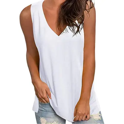 White V-Neck Sleeveless T-Shirt Women Large Summer Wear